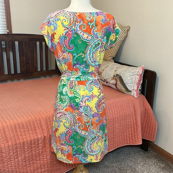 LAUREN RALPH LAUREN Multicolor Paisley Knit‎ Belted Sheath Dress size Medium - Picture 6 of 13